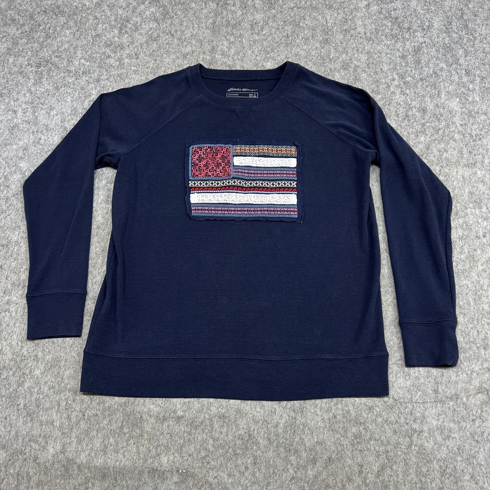 Eddie Bauer Shirt Womens L Blue Legendwash Flag Patch Long‎ Sleeve Tee Top